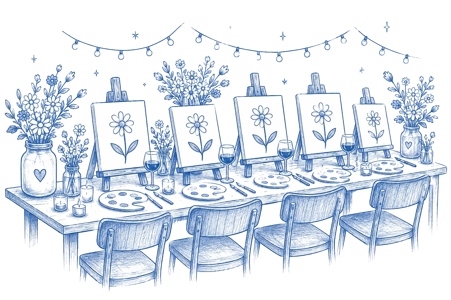 Art experiences illustration — flowers, easel, coffee, wine glass and paint palette